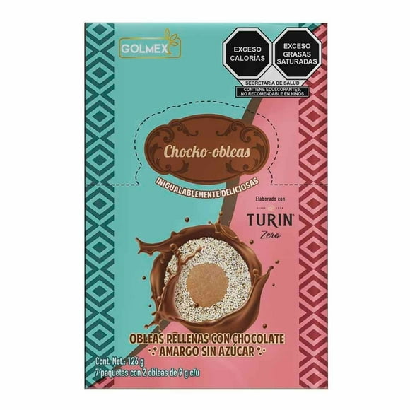 Obleas Golmex rellenas con chocolate amargo sin azúcar 2 pzas de 9 g c/u