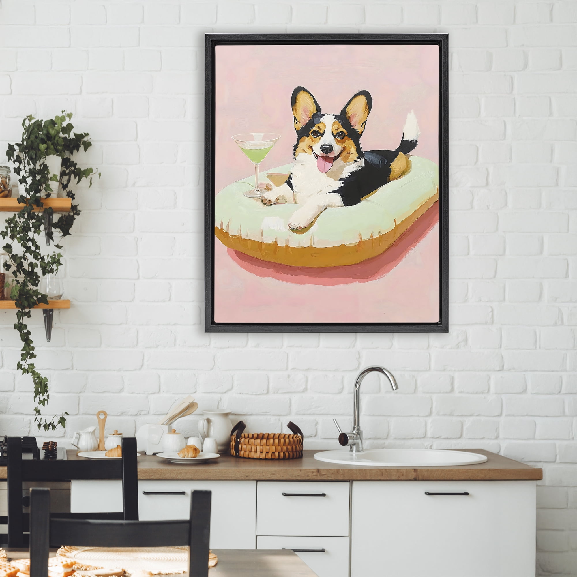Stupell Industries Pastel Corgi with Cocktail Black Framed Floater Canvas Wall Art, design by The Prints Vibe