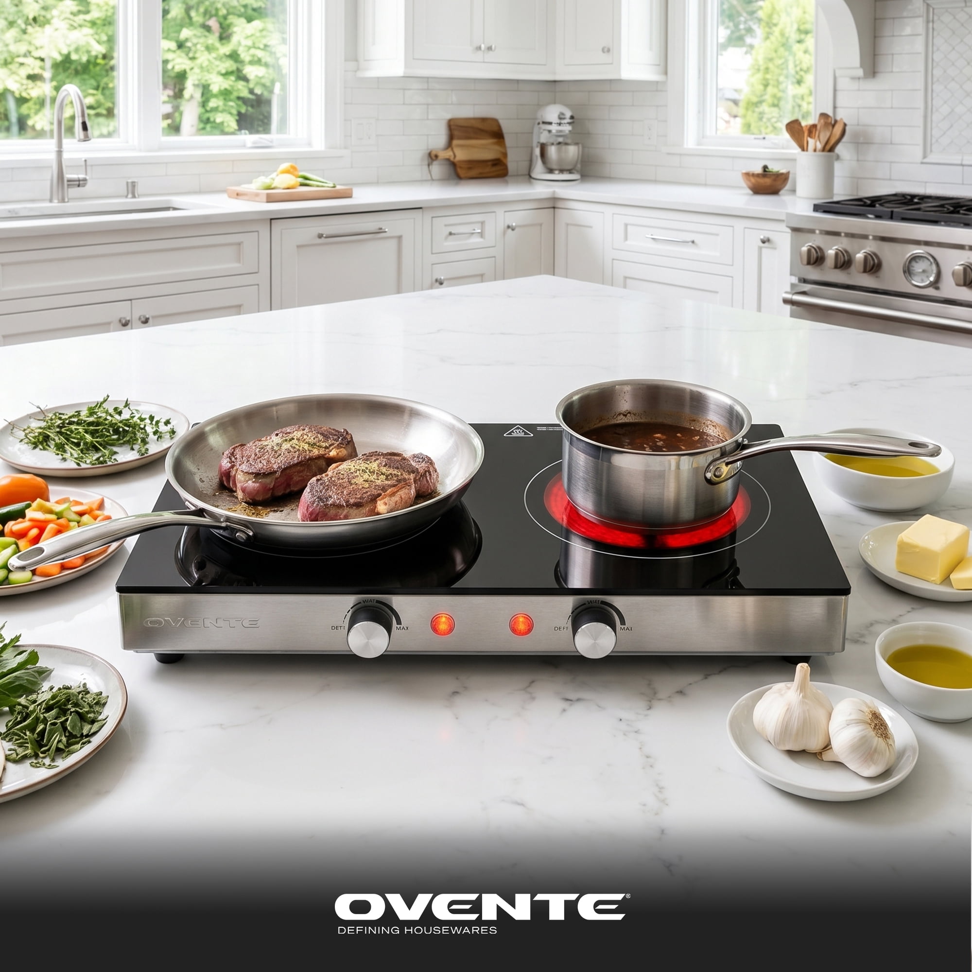 OVENTE Infrared Ceramic Double Burner, 1800W Hot Plate, Black BGI302GB, Crystalline Glass, Portable Stainless Steel Cooktop for Home, Office, or Dorm Use, Non-Slip Feet