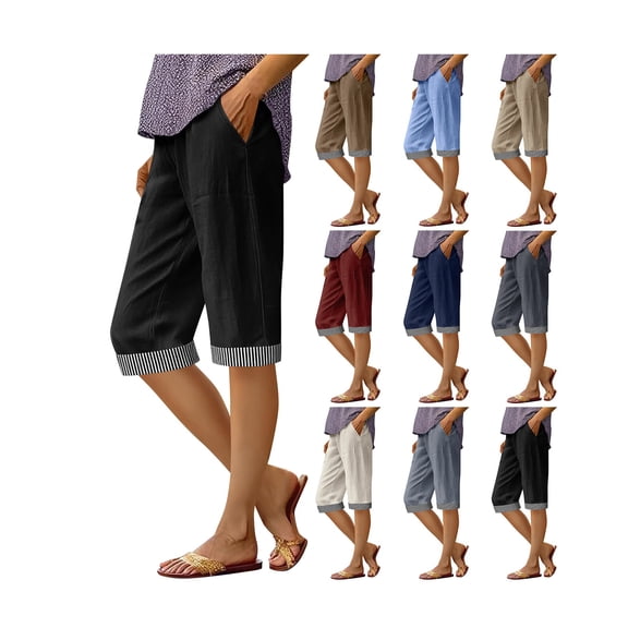 Womens Capris Summer Knee Length Cotton Linen Shorts Casual Elastic Waist Wide Leg Loose Cropped Trousers