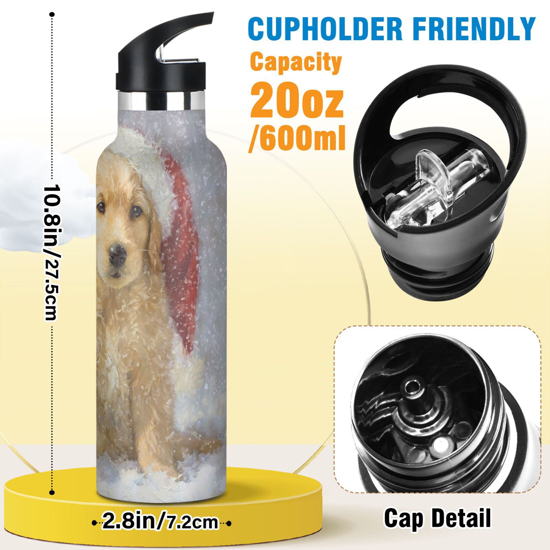 600ML Stainless Steel Insulated Cup Sports Water Bottle Portable Thermos Cup Water Glasses Insulated Tumblers Convenient and Durable Cartoon Christmas Orange Dog
