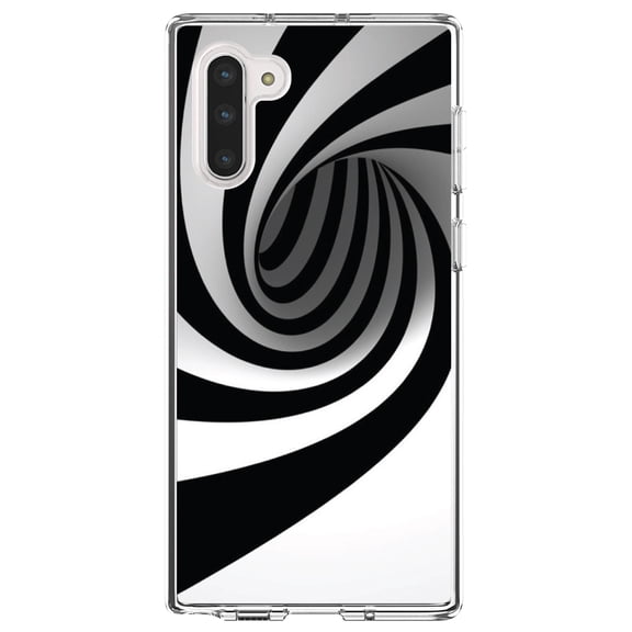 DistinctInk Clear Shockproof Hybrid Case for Samsung Galaxy Note 10 (6.3" Screen) - TPU Bumper, Acrylic Back, Tempered Glass Screen Protector - Black White Swirl Vortex Geometric