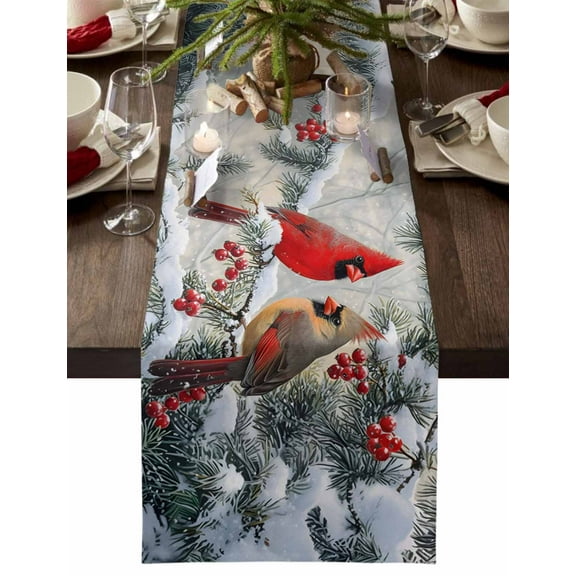 Christmas Table Runner Cardinal Bird Table Runners Berry Snowflake Pine Branches Cotton Linen Dresser Scarf Kitchen Dining Table Decor for Christmas Holiday Party Decor 13x90 Inch
