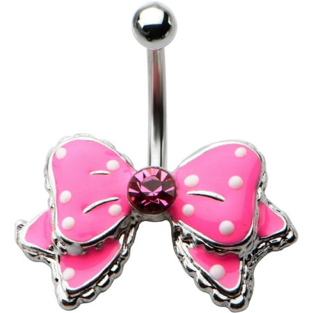 Body Art Body Jewelry 14 Gauge Surgical Steel Belly Pink Bow with White Polka Dots