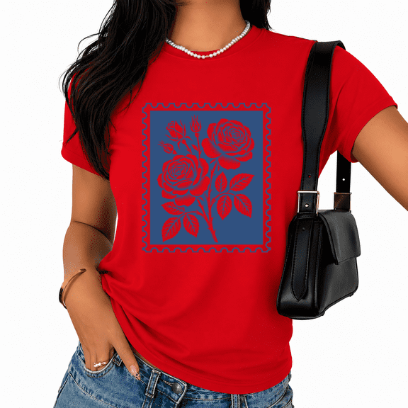 Cozymy Classic Floral Rose T-Shirt for Women - Blue Vintage Stamp Print Graphic Tee