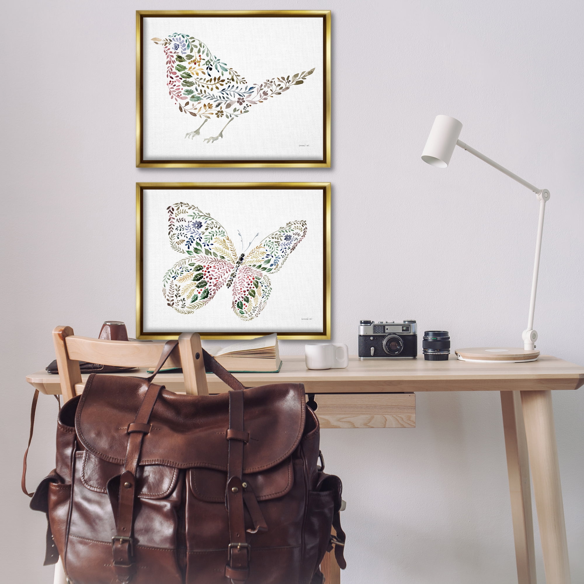 Stupell Industries Bird & Butterfly From Nature Animals Painting Gold Floater Framed Canvas Art Print Wall Art, 31 x 25, Set of 2
