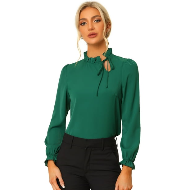 Blusa De Trabajo De Manga Larga Con Cuello Alto Y Volantes Elegantes Para Mujer Verde Oscuro XL