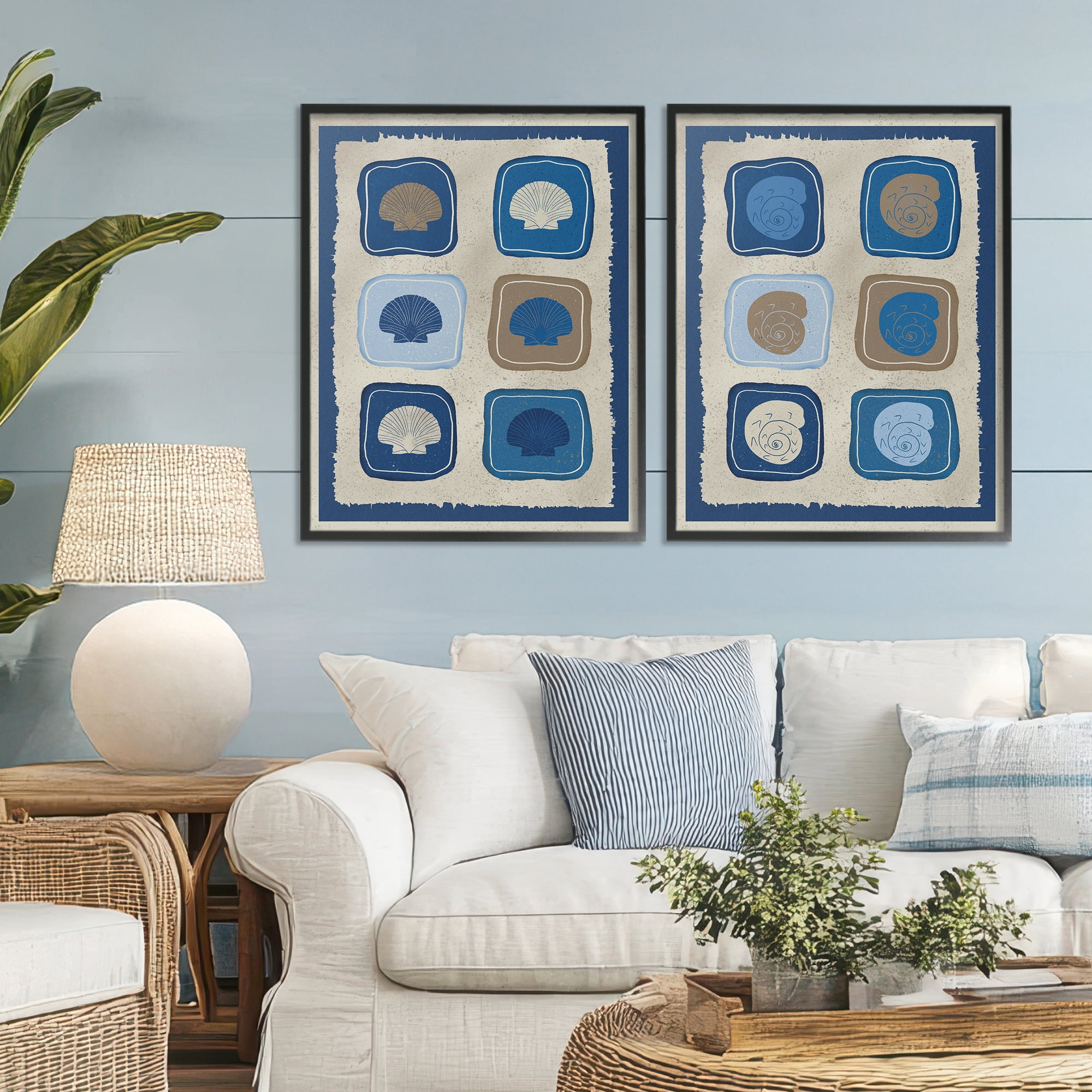 Stupell Industries Blue Blocked Seashells 2 Piece Black Framed Giclee Art Set, design by Julia Frost