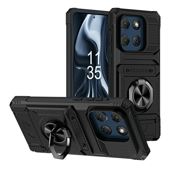 ShellTech Case for Motorola Moto G Stylus 5G 2025 ,Shockproof TPU PC Case Ring Holder Kickstand Case with Card Holder Slot Military Drop Protection Cover,Black