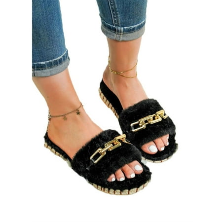

Woolen Velvet Women s Winter Warmer Metal Decor Slippers Fluffy Fleece Thermal Indoor Shoes Espadrilles