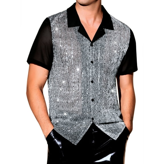 INSPIRE CHIC Men's Camp Collar Patchwork Short Sleeved Club Sequin Sheer Shirts M Black
