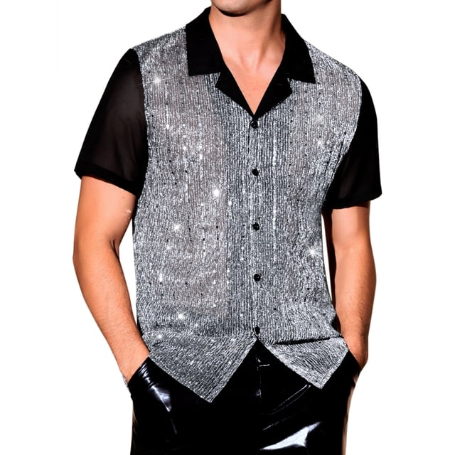 CAMISA DE MANGA CORTA CON COLLAR CAMPERO PARA HOMBRES PATCHWORK CON PAILLETES TRANSPARENTES 2XL NEGRO