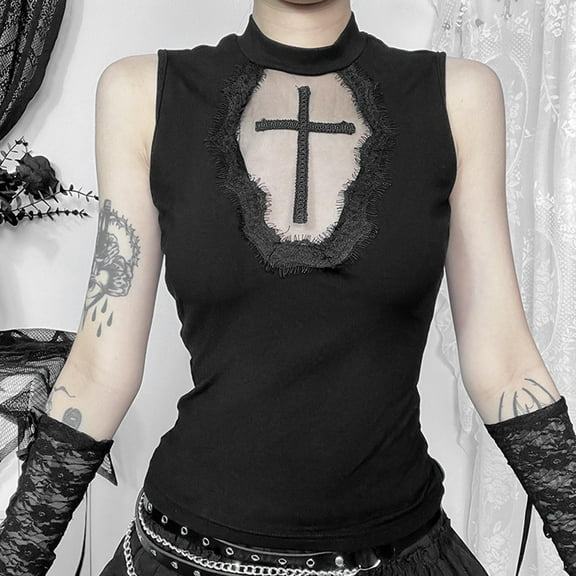 Y2K Goth Black Cross Sleeveless Basic Tank Tops Sexy Vintage Lace Mesh See Through Women Summer Fashion Slim Tops Streetwear
