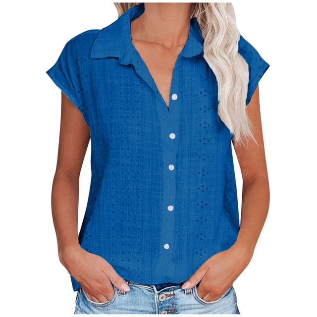 Chbgutlmr Hauts d'Été pour Femmes Blouse à Illets Col à Revers Manches 1/4 Boutons Chemise Décontractée Confortable