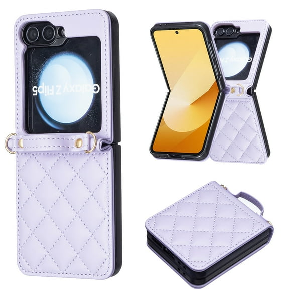 Designed for Samsung Galaxy Z Flip 7 FE/6 Phone Case,Anti-Scratch Diamond-shaped Pattern PU Leather Back,With Long Shoulder Strap,For Women Girls,Shockproof Anti-fall Crossbody Phone Case,Purple