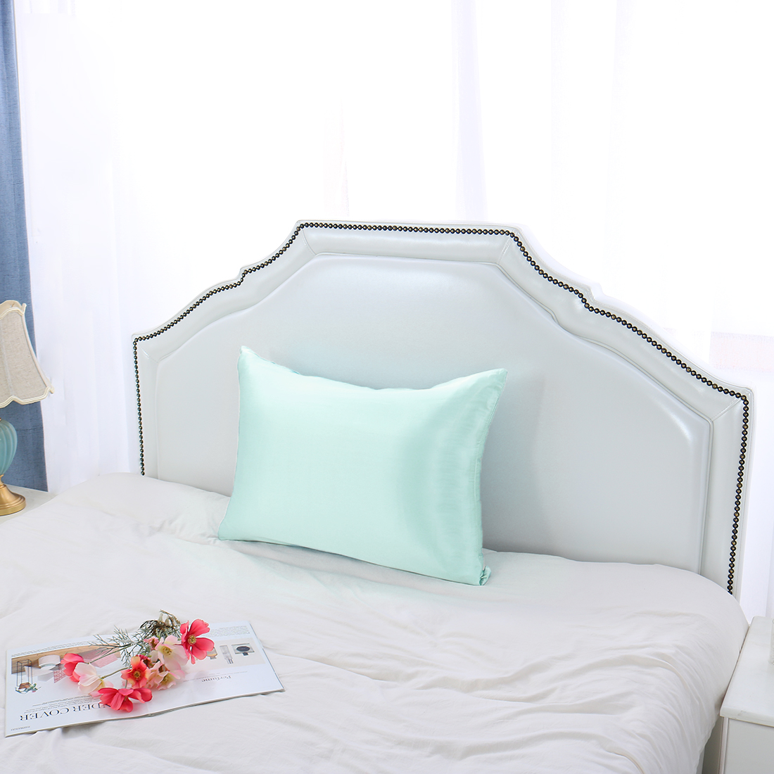 Unique Bargains 1 Piece 100% Silk Pillowcase Light Green Queen
