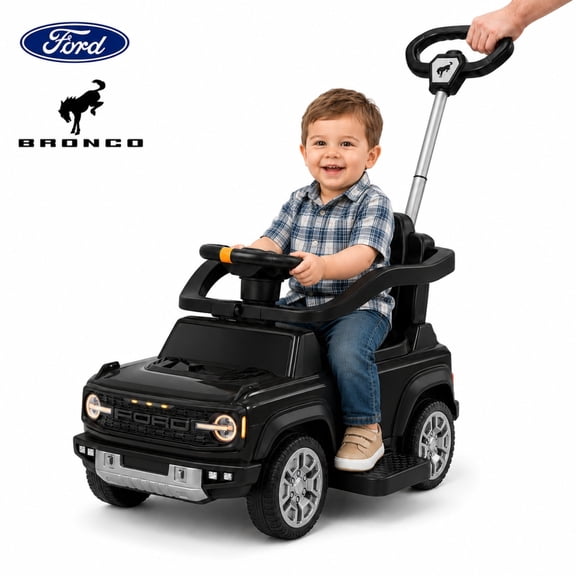 3 in 1 Push Car, Licensed Ford Bronco, SHINPT Toddler Push Car with Parent Control Handle, Safety Fence, Lights, Music & Storage, Ride on Toy for Toddlers 18-36 Months, Black