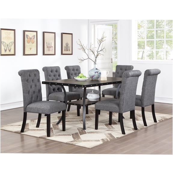JERFIT 7-Piece Dining Set with Storage, Rubberwood Table and 6 Upholstered Chairs, Charcoal Grey Fabric, Modern Farmhouse Kitchen Furniture