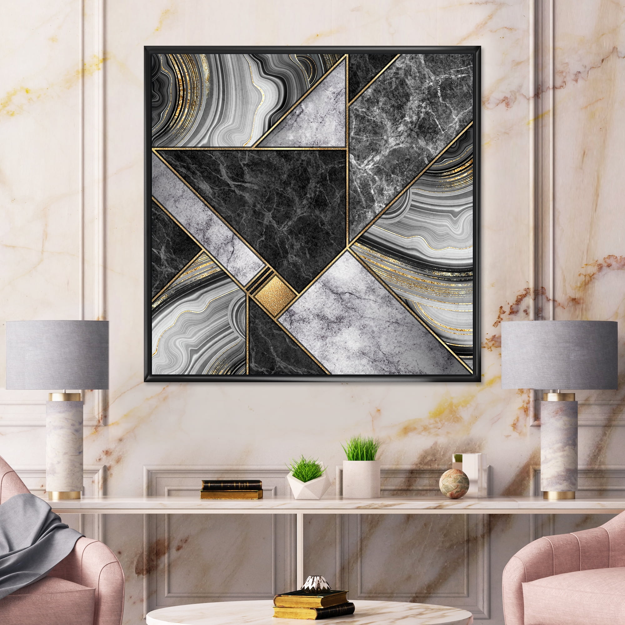 Designart 'Touches Of Gold With Marble Granite Agate' Modern Framed Canvas Wall Art Print