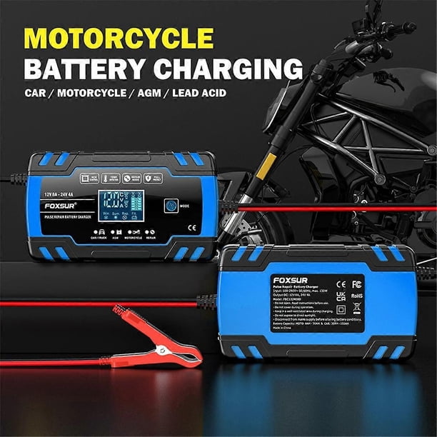 Motorcycle Car Battery Charger 12V 8A 24V 4A Automatic Pulse Repair LCD Smart Car Battery Repair Charger-EU Plug