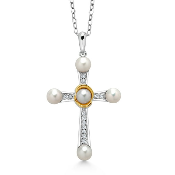 Gem Stone King 925 Silver and 10K Yellow Gold Cultured Freshwater Pearl and Lab Grown Diamond Cross Pendant Necklace for Women | 0.10 Cttw | Round 4-4.5MM Pearls | 18 inch Chain