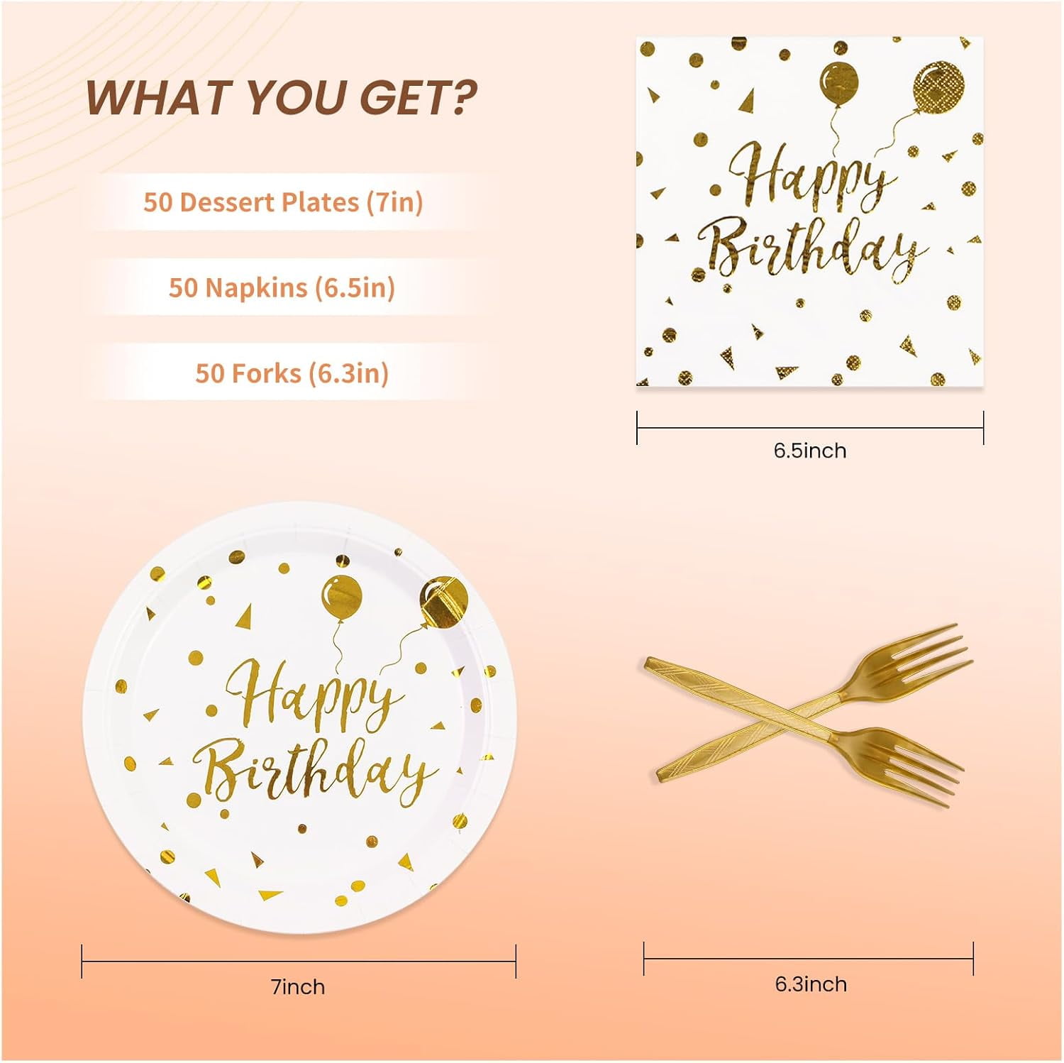 150 Pieces Happy Birthday Paper Plates and Napkins - 7" Colored Paper Plates and 6.5" Napkins with 6.3" Forks Disposable Cutlery Set for Birthday Party Decorations for 50 People