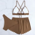 thumbnail image 5 of MGDXOX Women's 3 Piece Scalloped Swim Set Cross Back Triangle Top Cheeky Bikini Bottom High Waisted Ruffled Shorts Coffee XL, 5 of 9