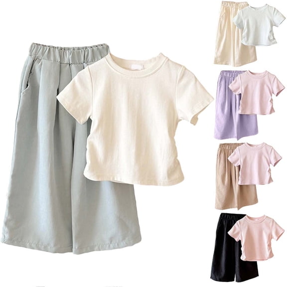 Bixock Toddler Girls Cotton Shorts Sleeve Set,Cute 2 Piece Outfit,Girls Cotton Slim Short Sleeve Crew Neck Top Wide Leg Pants 2 Piece Soft Casual Set for Older Kids Clothings