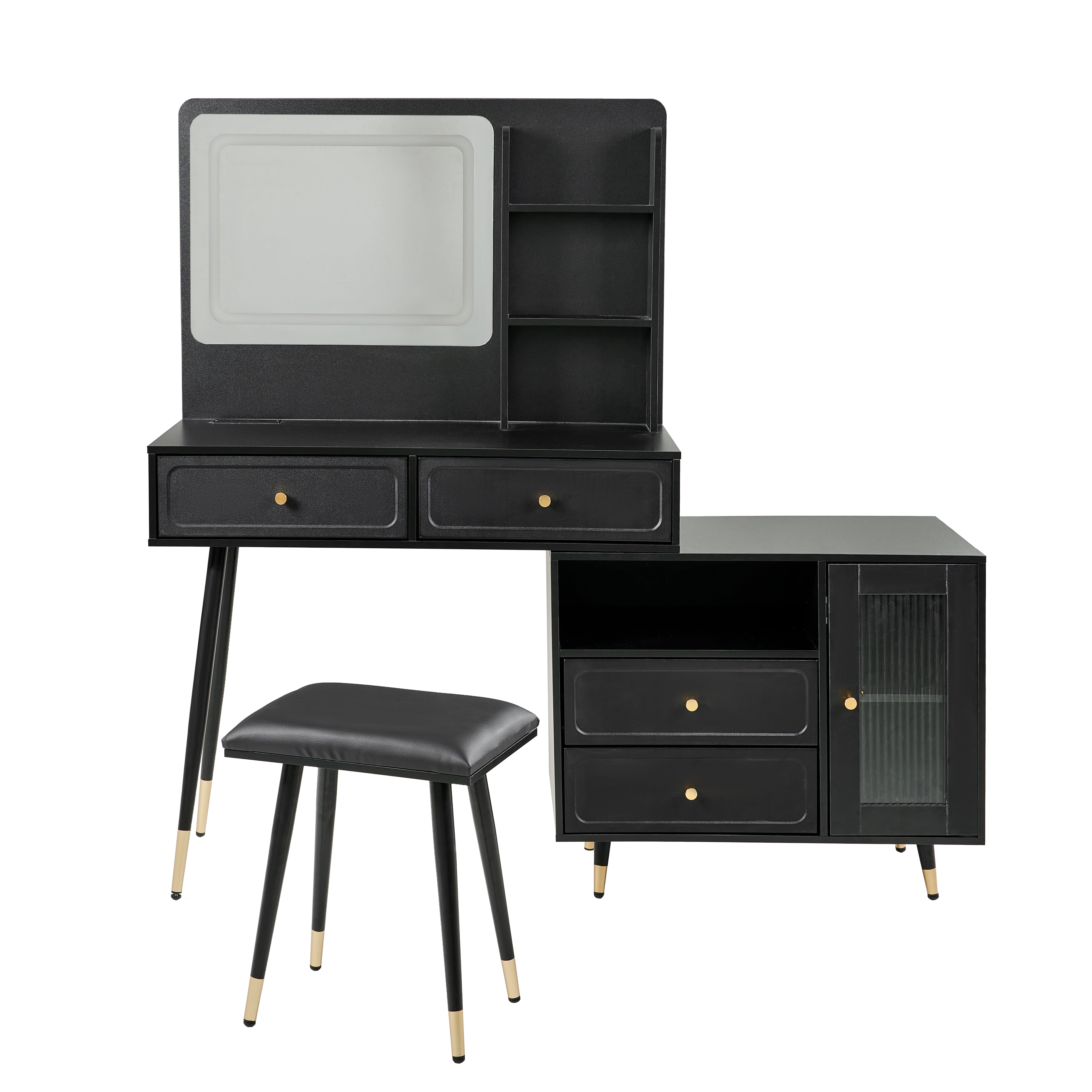 Yoneston Vanity Set with LED Lighted Mirror, 4 Storage Drawers, Movable Cabinet & Upholstered Stool, Makeup Table Set with Charging Station for Bedroom, Black