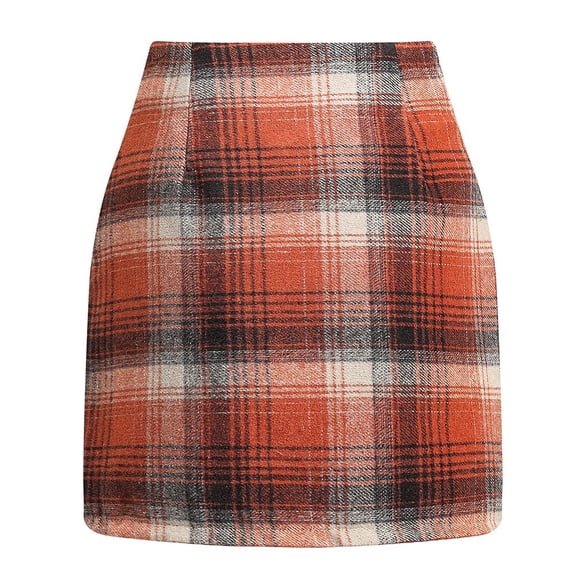 Plaid Patterned High Waist Mini Skirt for Women Classic Straight Fit Soft Fabric Above Knee Length Skirt Saffron S