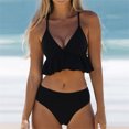 thumbnail image 2 of WREESH Womens Two Piece Swimsuit Ruffle Short Sleeve Crop Top Bathing Suit Bikini Solid Color Strapless Suspender Elastic Swimsuit Black, 2 of 5
