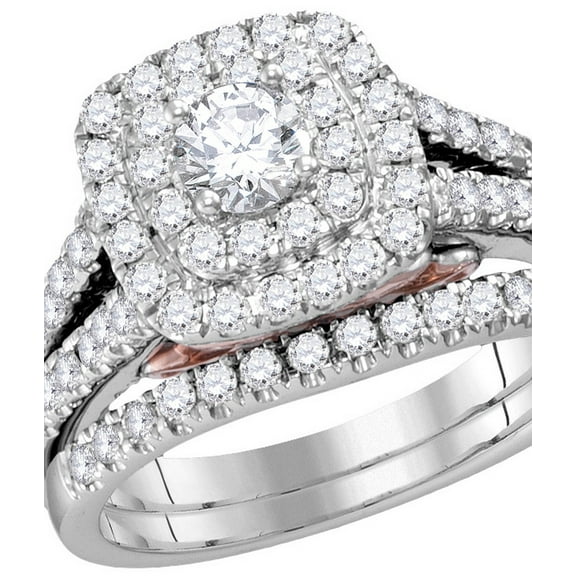 14kt White Gold Womens Round Diamond Bellissimo Double Square Halo Bridal Wedding Engagement Ring Band Set 1-1/4 Cttw