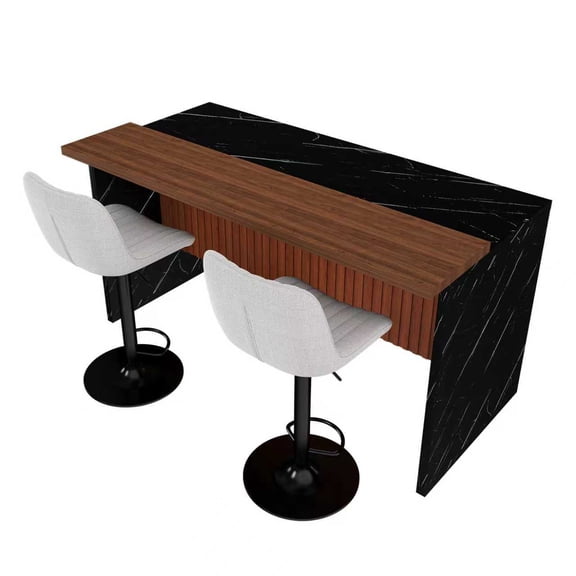 63" Kitchen Island Set w 2 Beige Stools, Black Marble LED Light & Grill