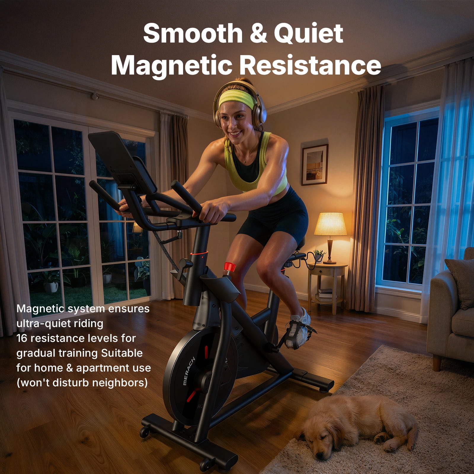 MERACH Exercise Bike with Self-Generating Power, 16-Level Electric Magnetic Resistance, 40LBS Flywheel, Bluetooth App Control, 350LBS Capacity Indoor Cycling Bike with Adjustable Seat & Handlebars