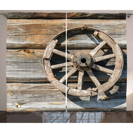 Barn Wood Wagon Wheel Curtains 2 Panels Set Old Log Wall With