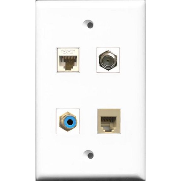 RiteAV 1 Port RCA Blue and 1 Port Coax Cable TV- F-Type and 1 Port Phone RJ11 RJ12 Beige and 1 Port Cat6 Ethernet White Wall Plate