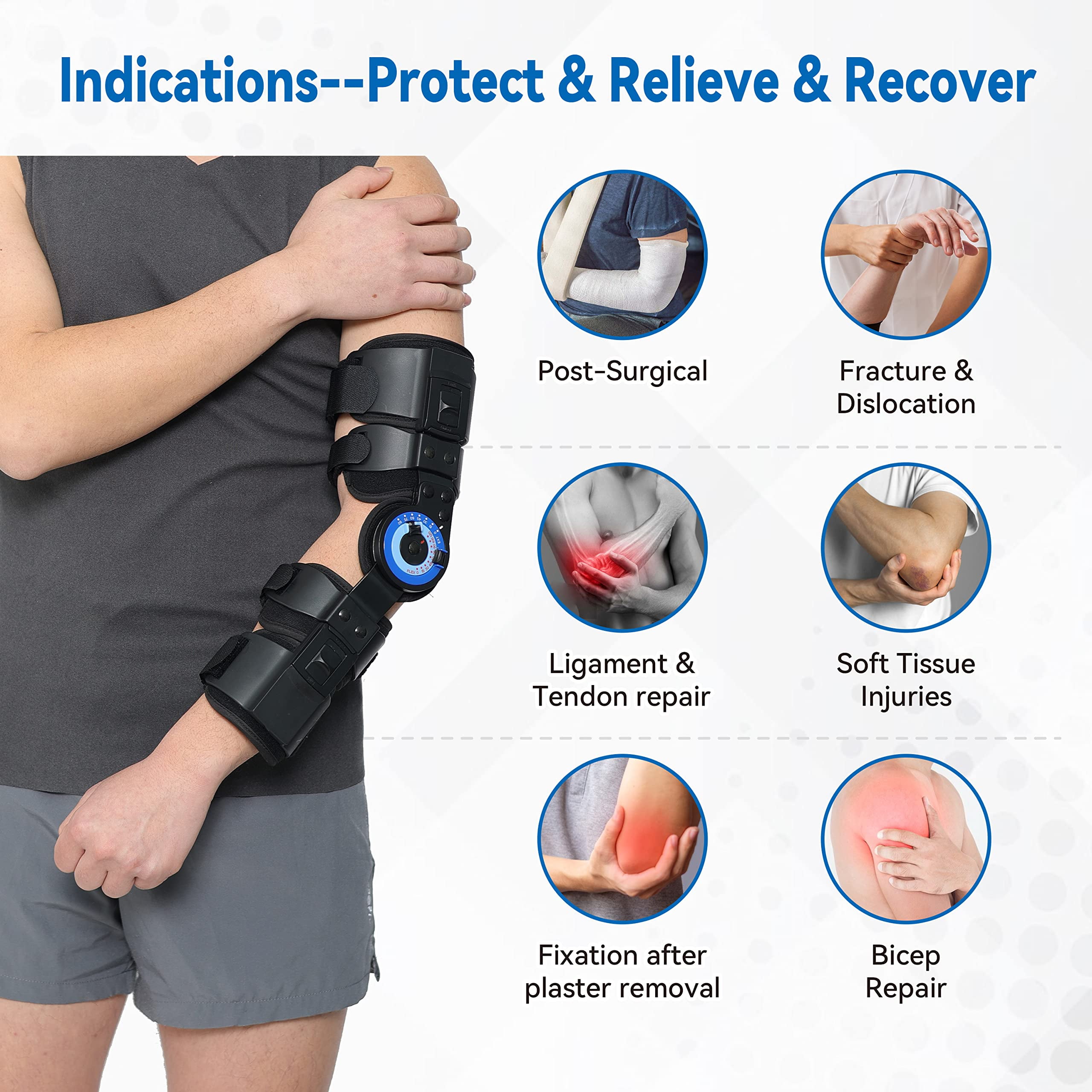 Insunen Hinged ROM Elbow Brace, Adjustable Post OP Elbow Brace Stabilizer Splint Arm Injury Recovery Support After Surgery Fracture Rehabilitation (Left)