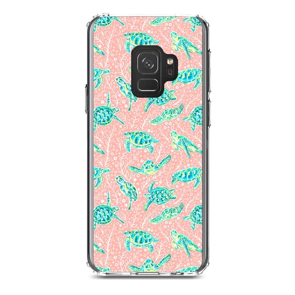 DistinctInk Clear Shockproof Hybrid Case for Samsung Galaxy S9 (5.8" Screen) - TPU Bumper, Acrylic Back, Tempered Glass Screen Protector - Preppy Pattern - Turtles on Pink Background