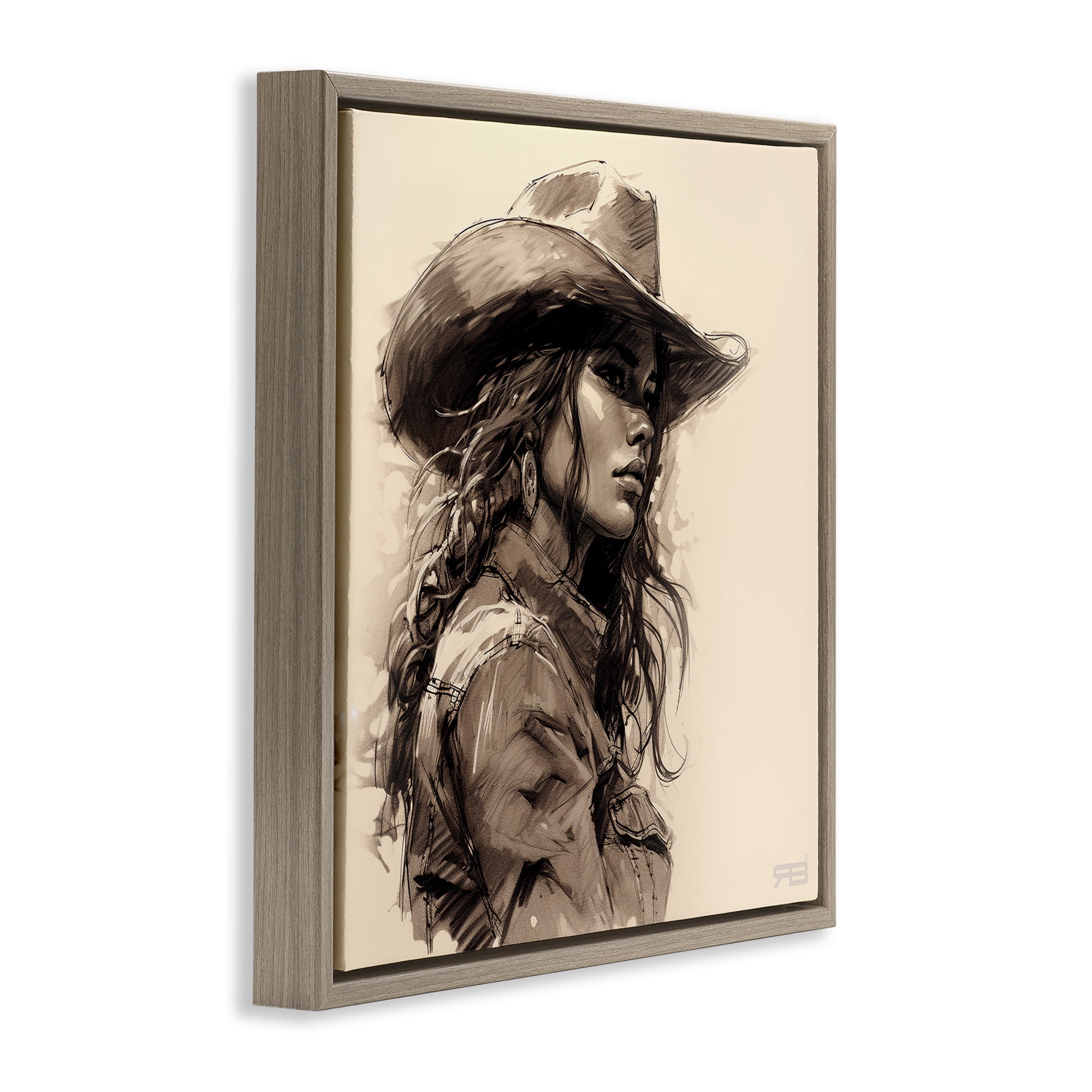 Stupell Industries Stoic Cowgirl Looking Away People Painting Brown Floater Framed Canvas Art Print Wall Art, 18 x 18