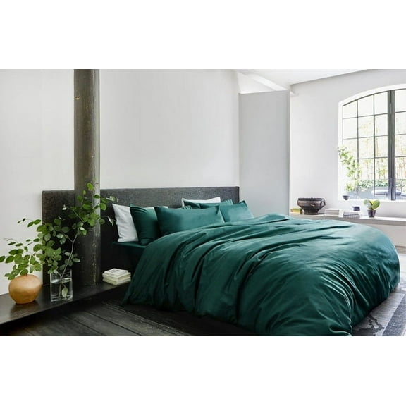 Pavish Export Linen 100% Pure - Emerald Green Color Washed Cotton Duvet Cover With Matching 2 Pillow Case Button Twin