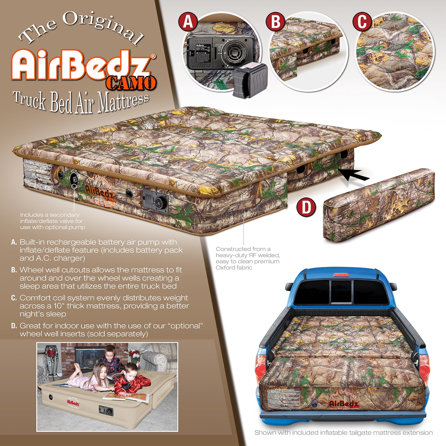 Airbedz by Pittman Outdoors - Truck Bed Air Mattress Mid Size 5.0'-5.5' Ft Bed With Built-In Rechargeable Battery Air Pump & Includes Tailgate Extension Camo