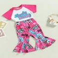 thumbnail image 1 of T-shirt à Manches Courtes Col Rond Imprimé Lettres avec Bottes Pantalon Évasé Imprimé pour Petite Fille, 1 of 6