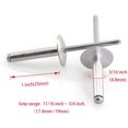 thumbnail image 2 of HJ Garden 60pcs 3/16 x 1 Inch (4.8x25mm) Large Flange Aluminum Blind Rivet Self-Plugging Open End Decorating Fastener Nails Pop Rivets Core Pulling Rivets Grip Pange 11/16-3/4 Inch (17.4-19mm), 2 of 3
