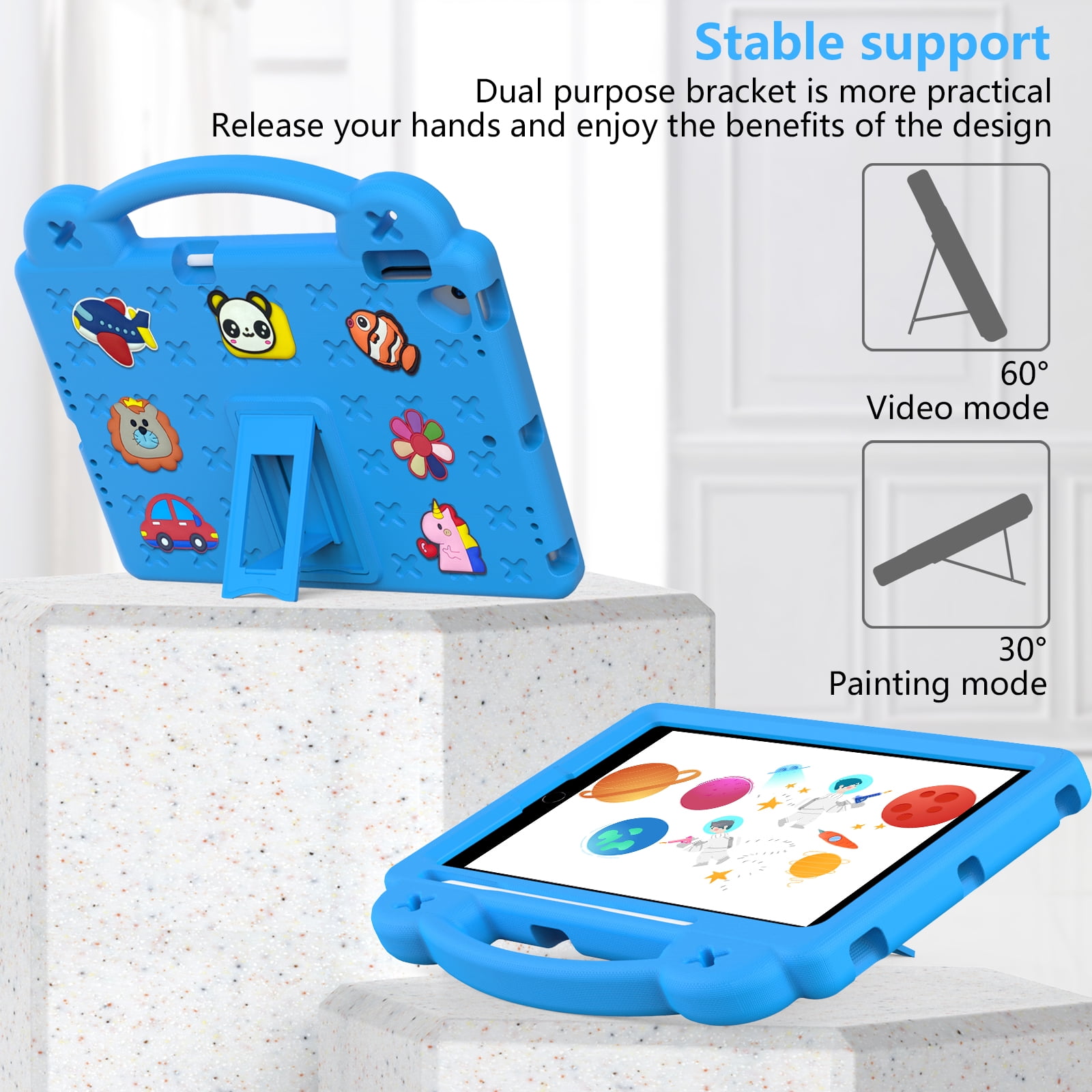 ELEHOLD Kids Case for iPad 9th/8th/7th Gen (2021/2020/2019)10.2 inch, EVA Foam Cute Cartoon Case with Built-in Kickstand Pencil Holder Shockproof Portable Case for iPad 10.2",Skyblue