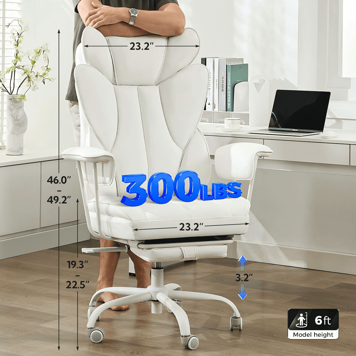 TMV Big and Tall Office Chair - High Back Ergonomic Desk Chairs for Adults with Wide Seat & Footrest,Lumbar Support Swivel Computer Chair for Home Office，White