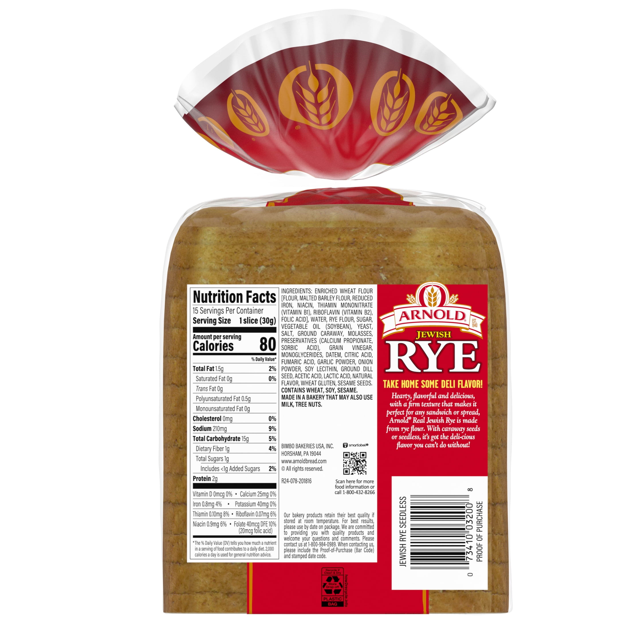 Arnold Seedless Jewish Rye Bread, 16 oz, Rye Bread, Bag