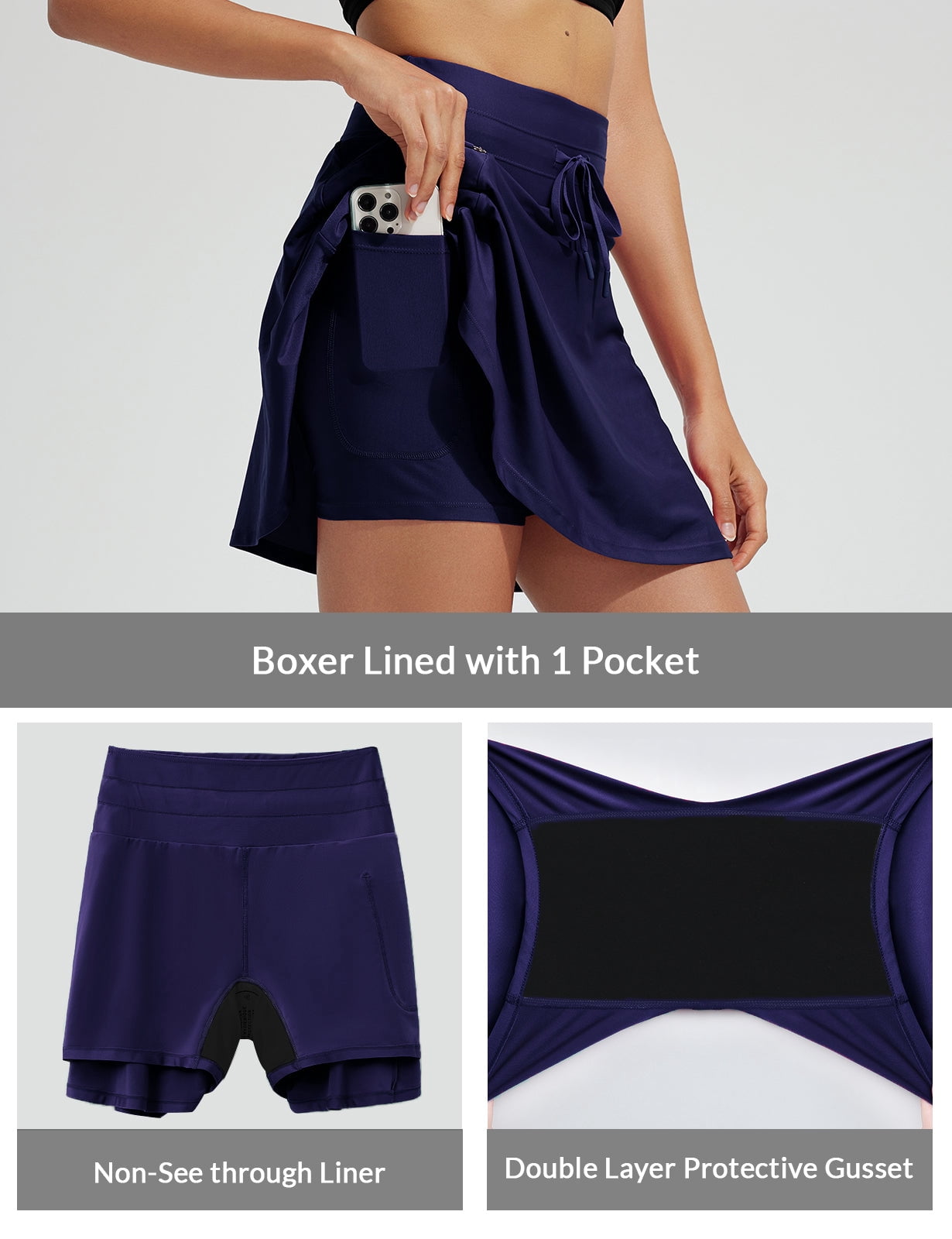 BALEAF Women's Swim Skirt with Boxer Liner High Waisted Tummy Control Modest Tankini Swimsuits Zipper Pocket Skorts Bathing Suit Flowy Swimming Bottoms Navy Blue M