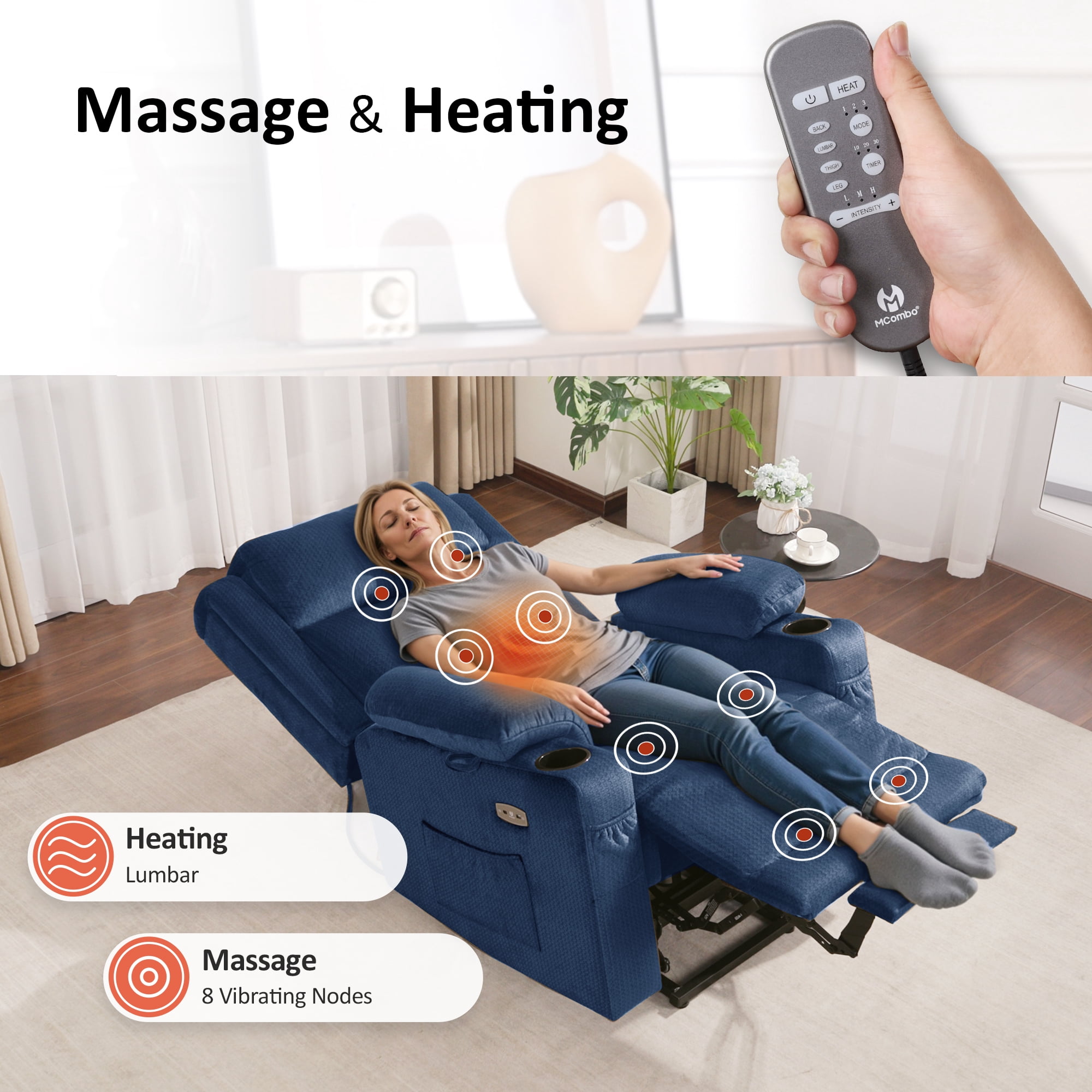 MCombo Lay Flat Triple Motor Power Lift Recliner for Elderly, Adjustable Headrest, Fabric(Navy Blue)