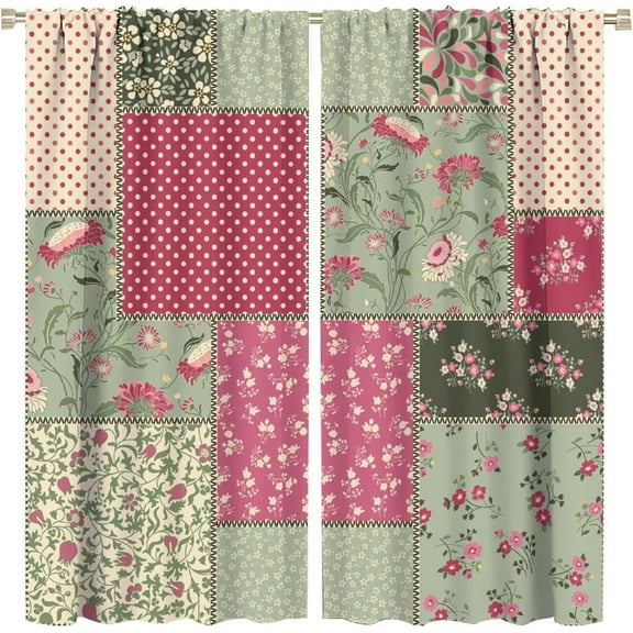 Boho Patchwork Curtains Vintage Floral Colorful Wave Point Checkered Pattern Blackout Print Rod Pocket Window Drapes for Bedroom Living Room 26"W x 63"L (Pack of 2)