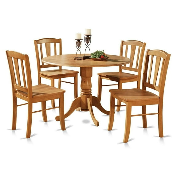 HomeStock 5-Piece Round Dining Table Set, Oak Finish, 42" Table with Two 9-Inch Drop Leaves, 4 Wood Seat Chairs, 111 lbs